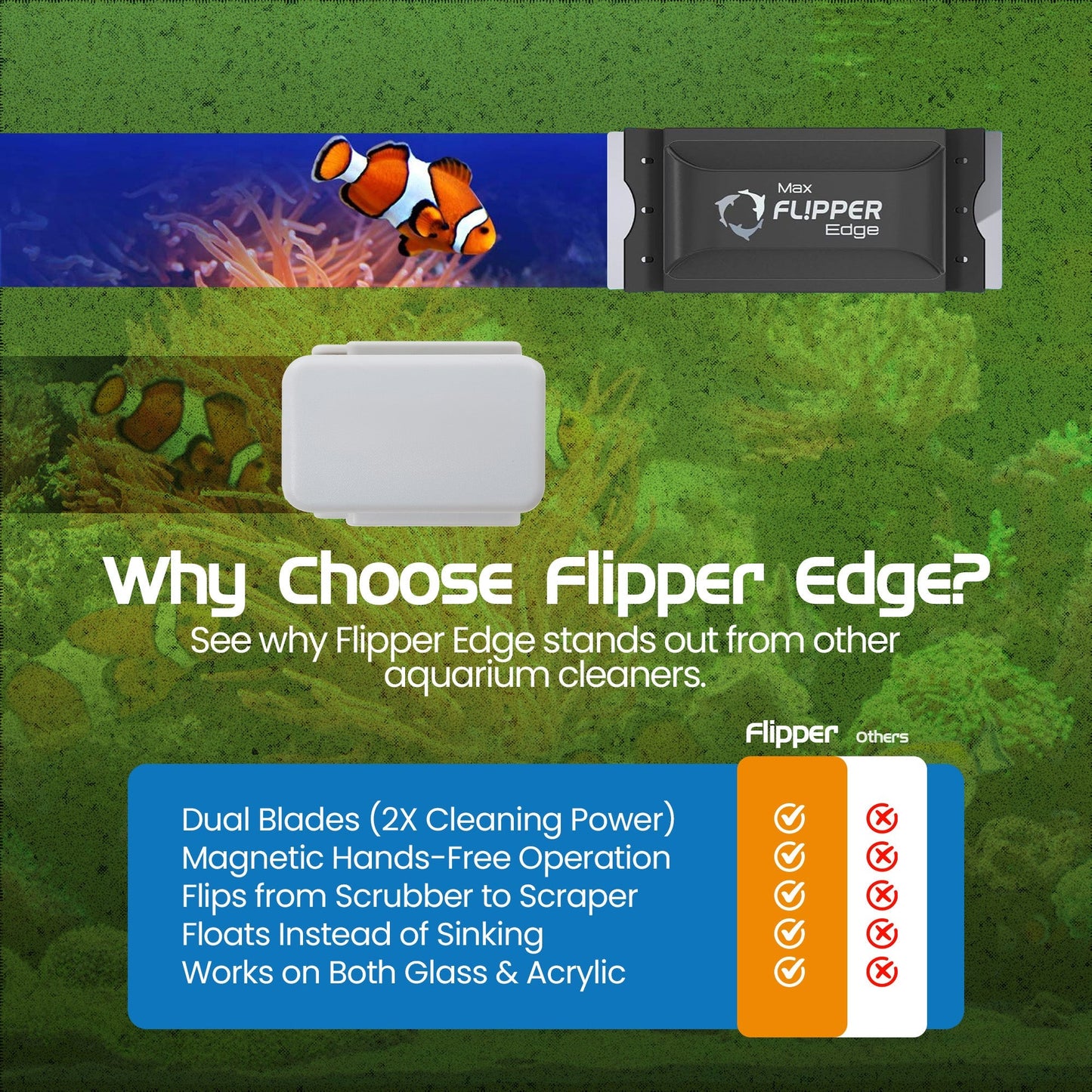 Flipper Edge 2 in 1 Floating Magnetic Aquarium Algae Cleaner (MAX) - Aquarium Cleaning Supplies