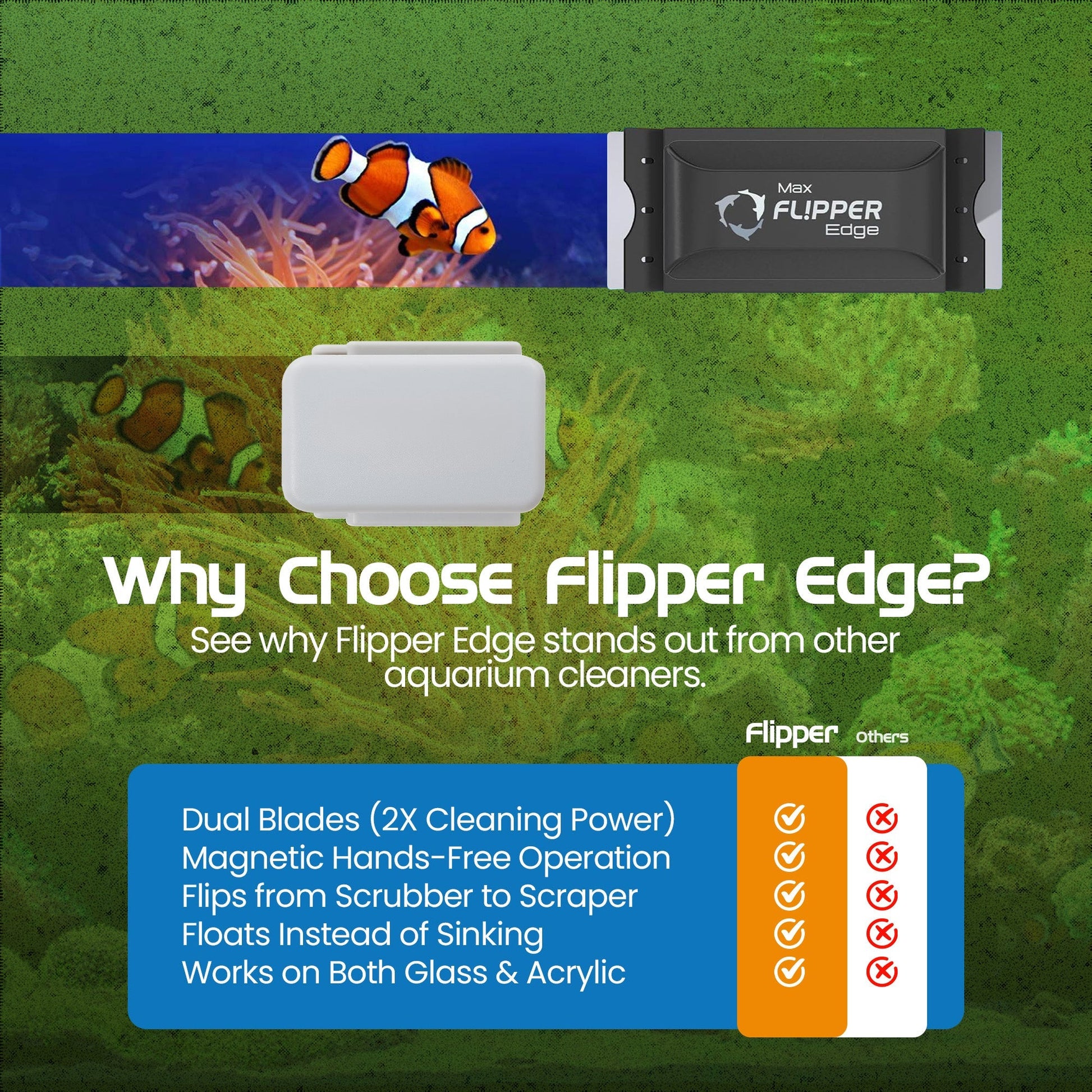 Flipper Edge 2 in 1 Floating Magnetic Aquarium Algae Cleaner (MAX) - Aquarium Cleaning Supplies
