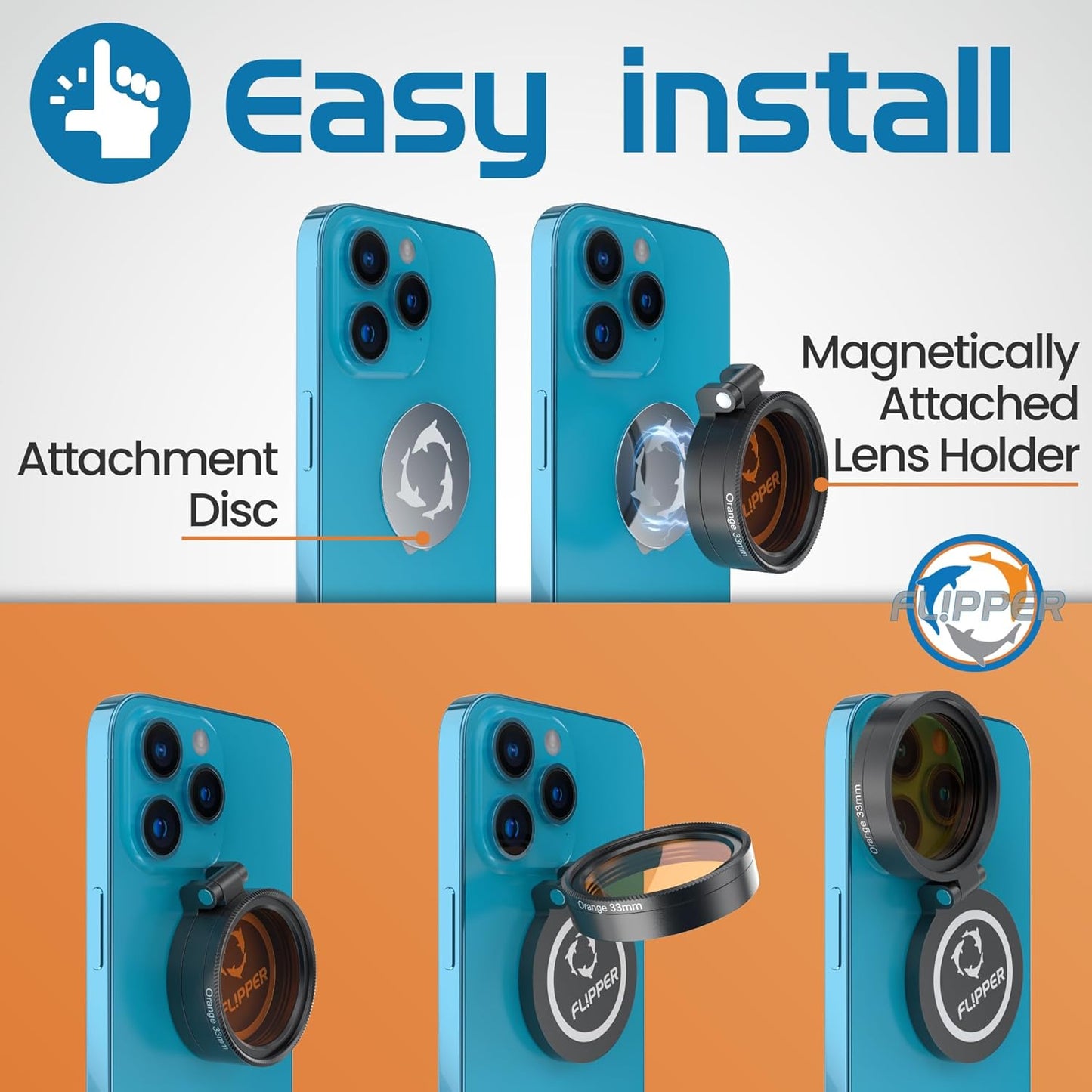 Flipper Flip-Kick Phone Filter Aquarium Reef Lens with Orange and Yellow Lenses - Aquarium Viewer