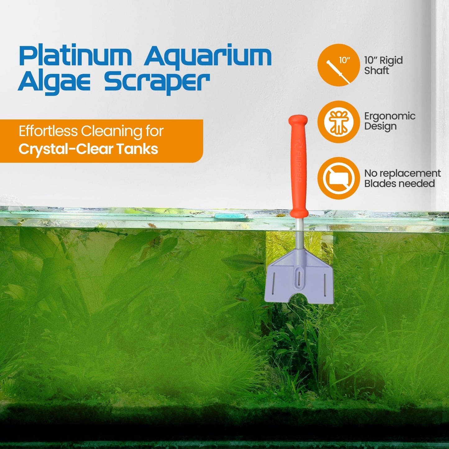 Flipper Platinum Aquarium Algae Scraper - 10’’ - Hand Held Scraper