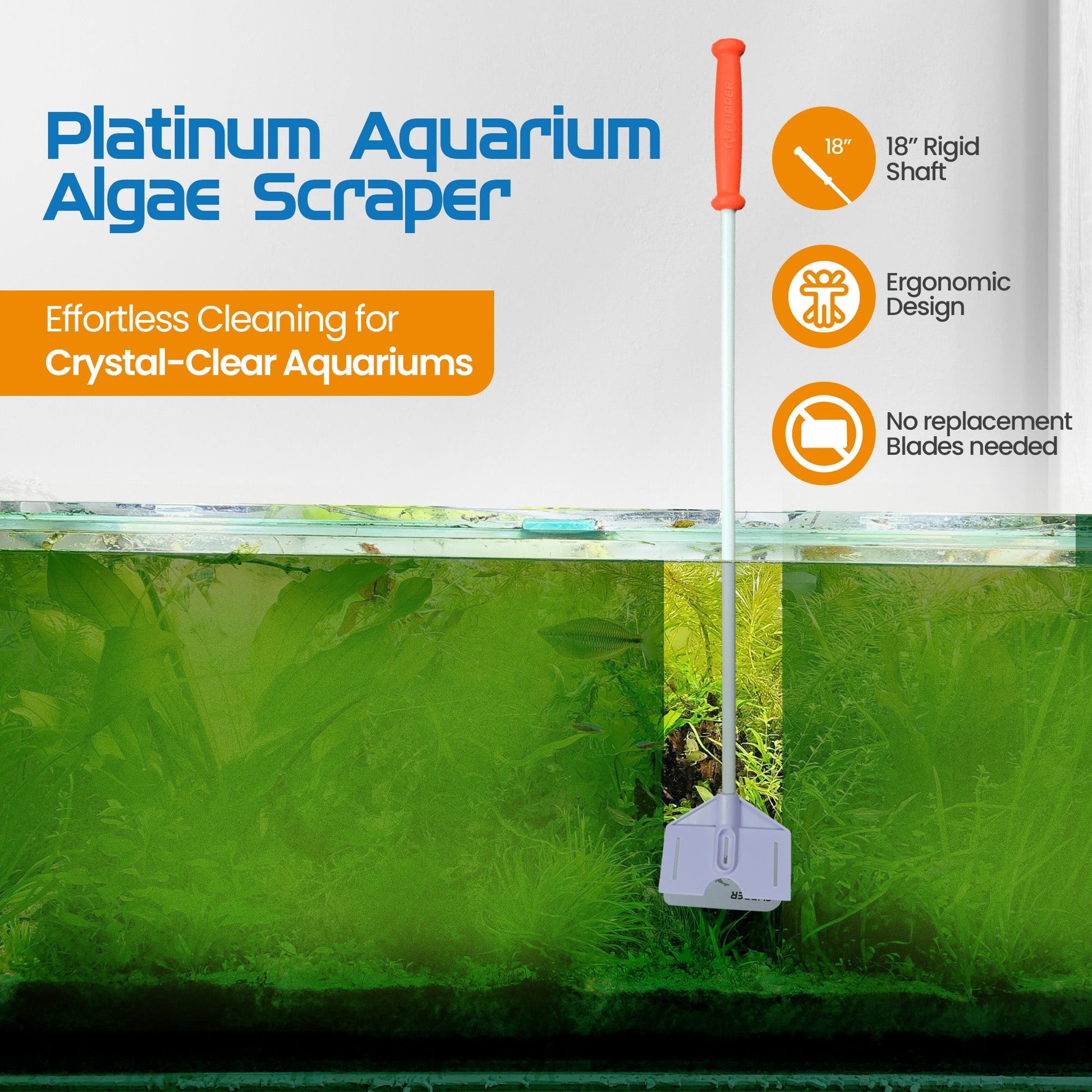 Flipper Platinum Aquarium Algae Scraper - 18’’ - Hand Held Scraper