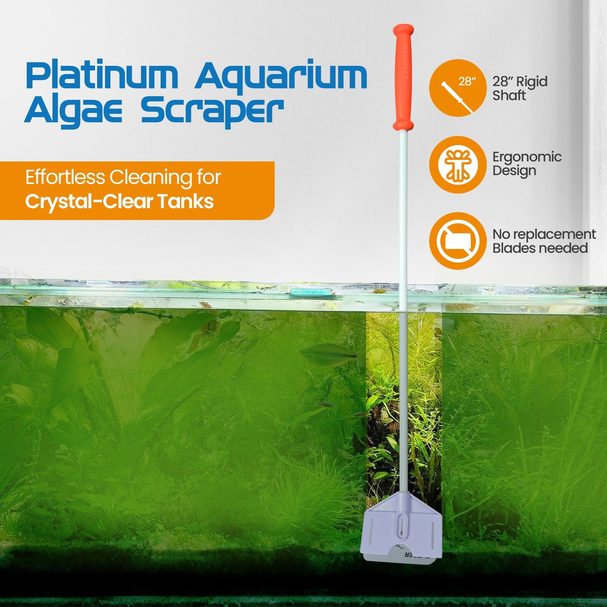 Flipper Platinum Aquarium Algae Scraper - 28’’ - Hand Held Scraper